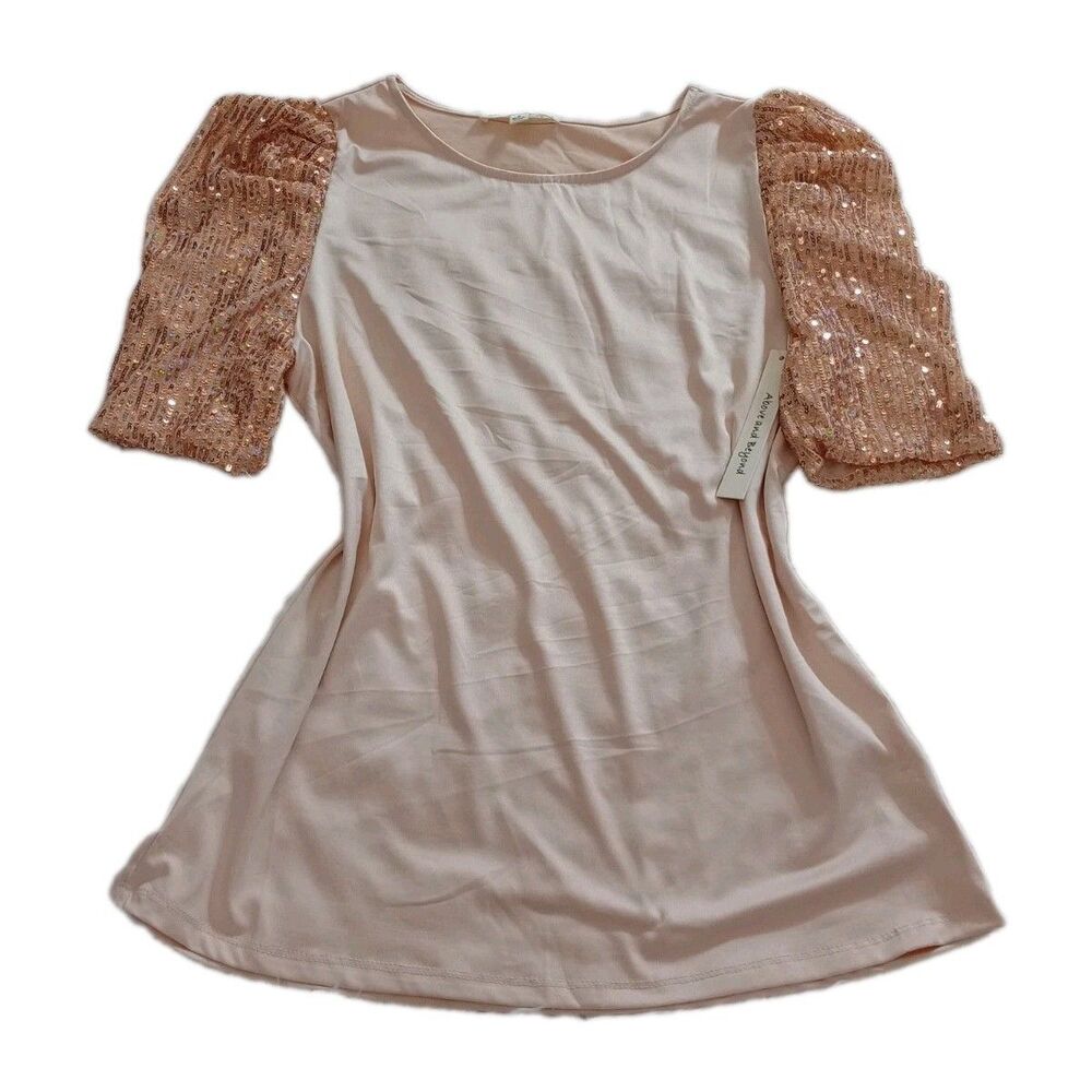 Above and Beyond Sequin Puff Sleeve Top NWT Pink Peach Gold Shiny Blouse Medium